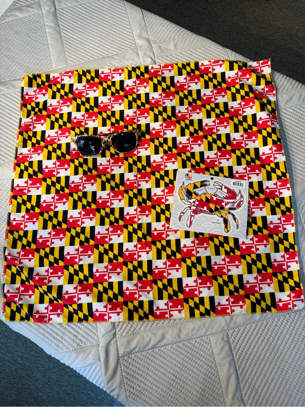 Maryland Flag Pattern Bandana - Red, Yellow, Black, Sunglasses & MD Crab Sticker